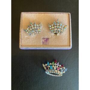 vintage brooch and earrings, mid century jewelry, vintage rhinestone set, crown